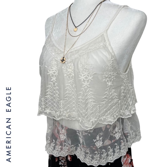 ❌SOLD❌ AEO Cami Tank Top Tiered Mesh Lace Embroidered Festival Off White Cream M - Picture 17 of 17
